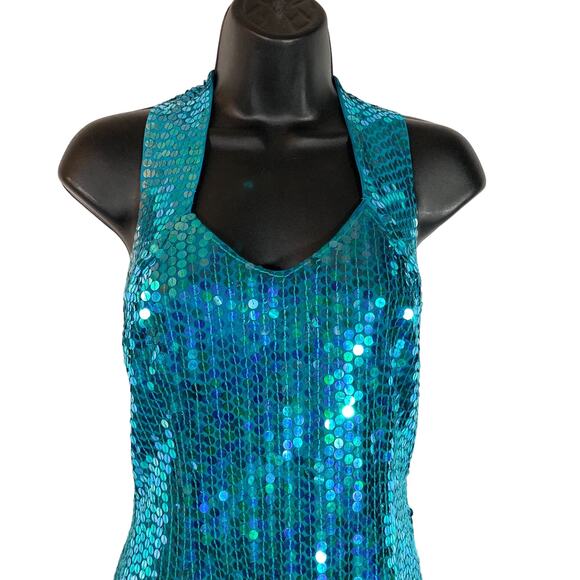 Vintage 90s Teal Sequin Mini Dress Concert Party Cocktail Sleeveless Mermaid - Picture 2 of 13